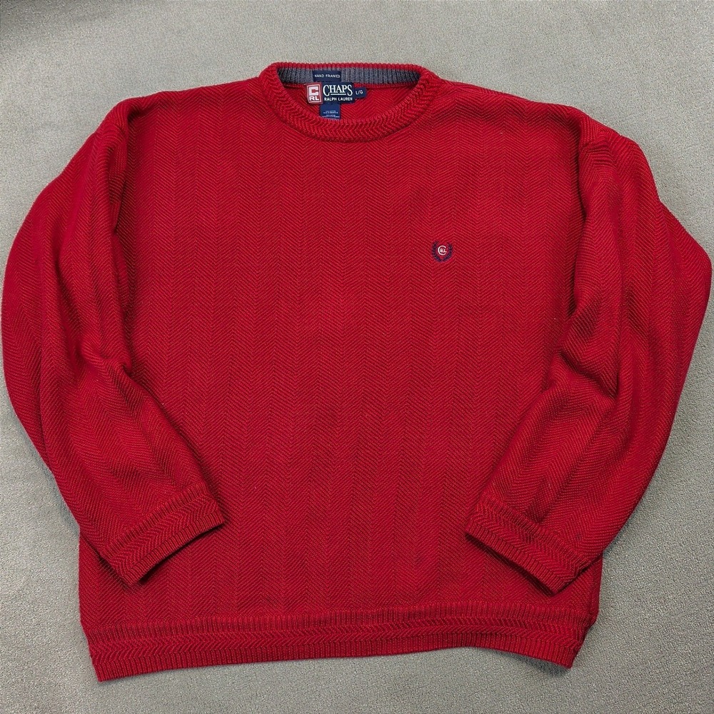 Chaps Ralph Lauren Sweater Mens Large Red Herringbone Cotton Knit Crest Pullover